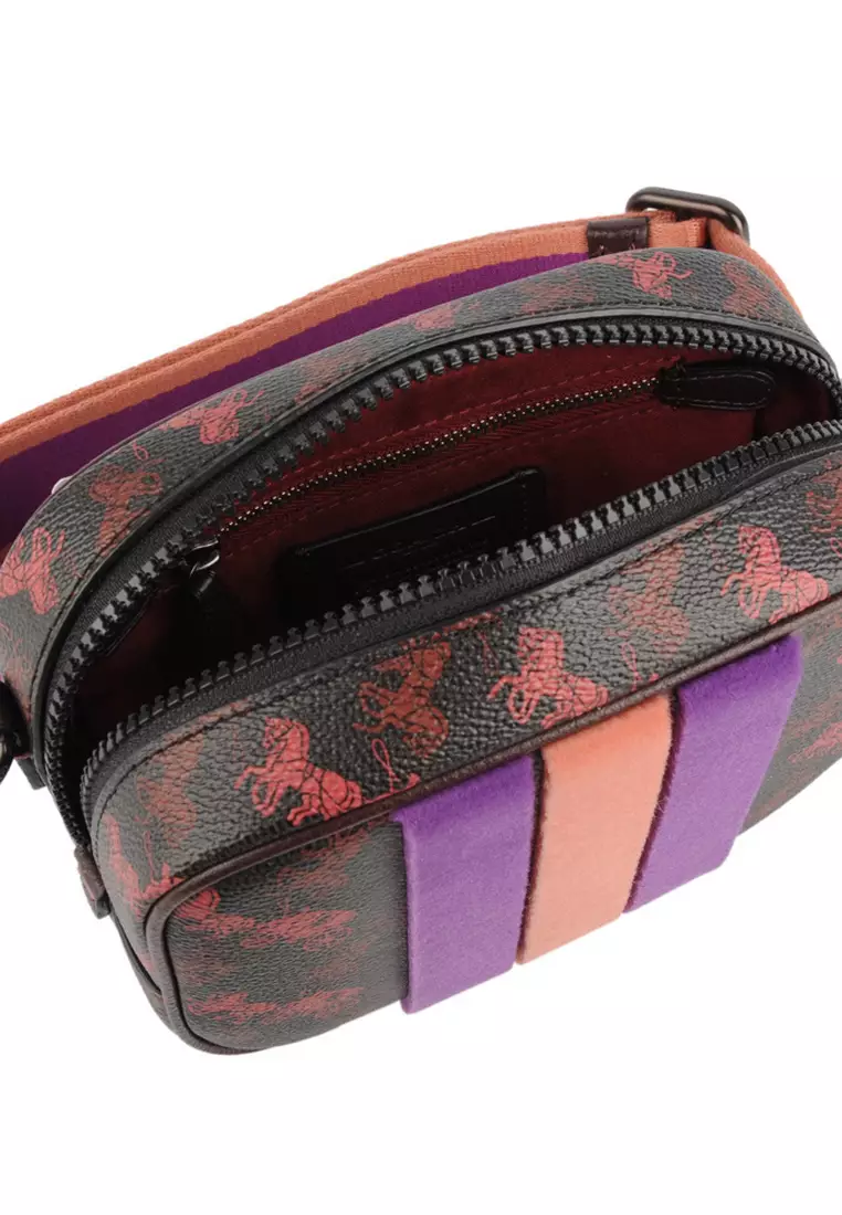 16 With Horse And Carriage Print And Varsity Stripe Camera Bag in Pewter/Black Oxblood