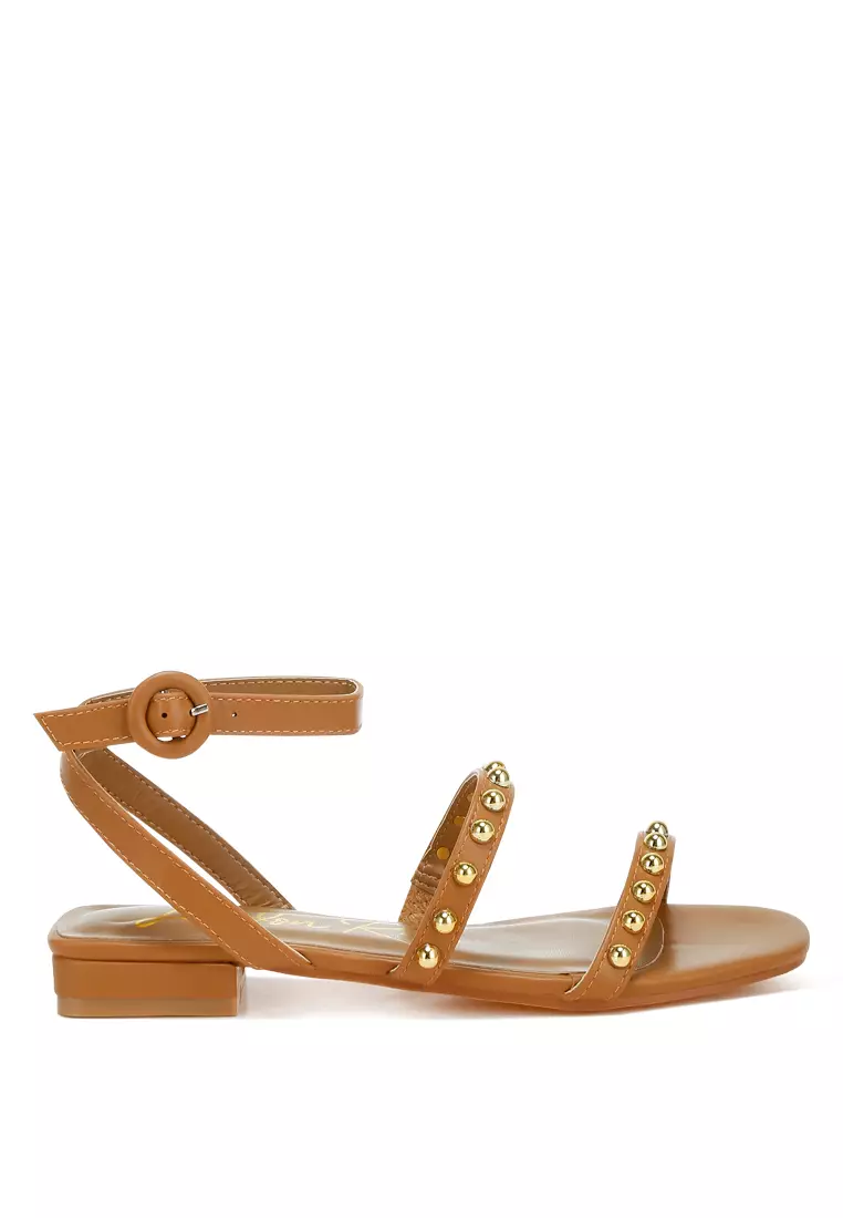 Studded Ankle Strap Flat Sandals in Tan