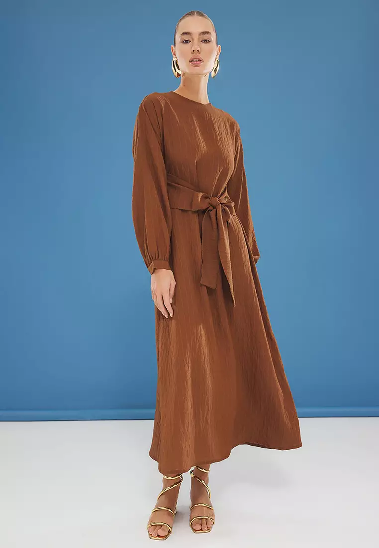 Brown Front Tie Woven Dress TCTSS24EB00131