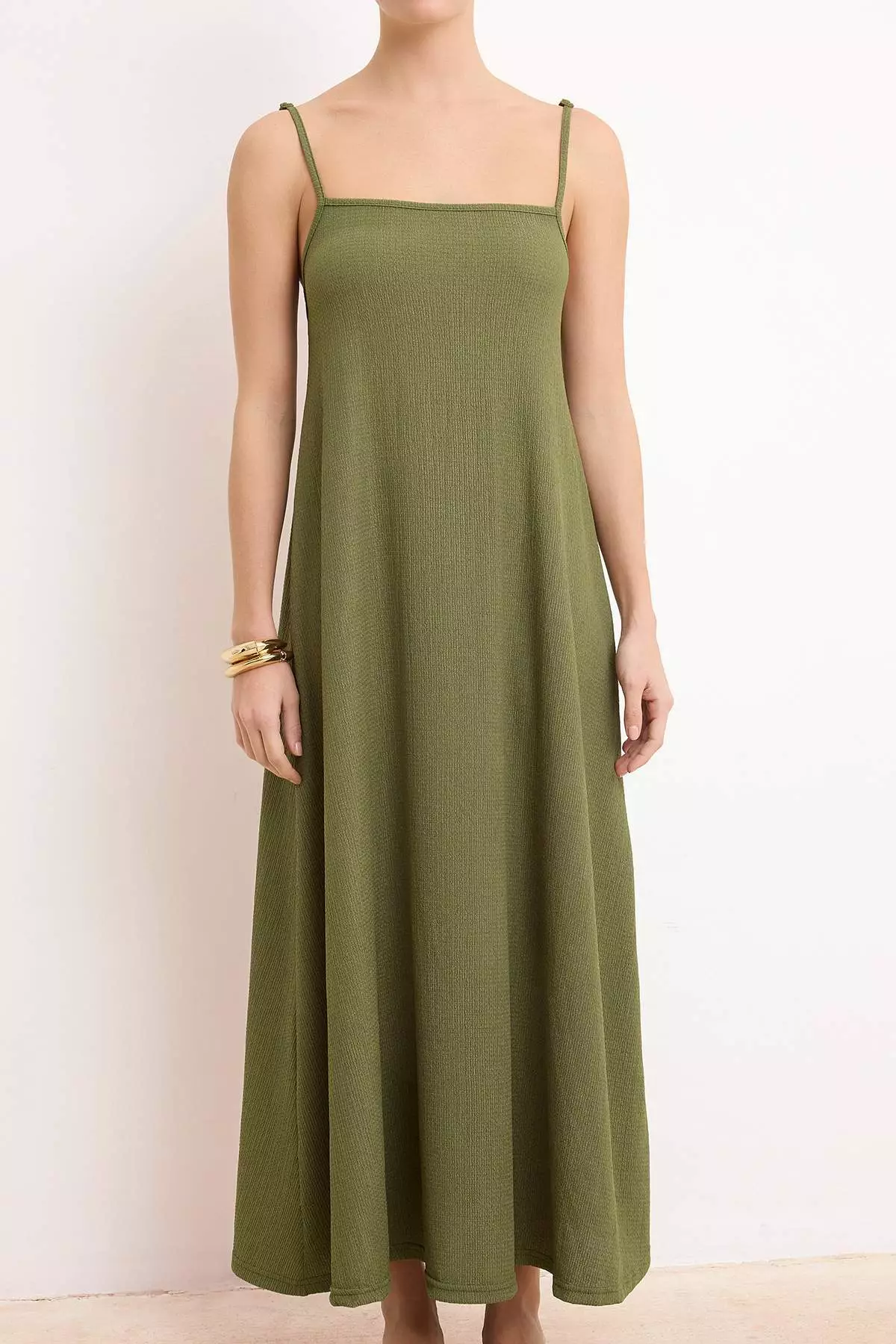 Khaki Adjustable Strap A-Line Wrinkle/Textured Knitted Maxi Dress Twoss24El6