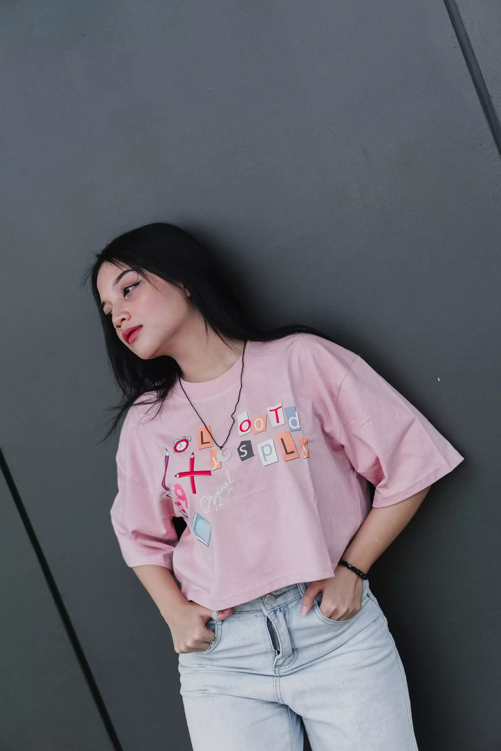 OOTDSUPPLY Croptee Pencil Dusty Pink & Black | Croptee Oversize Wanita CT025