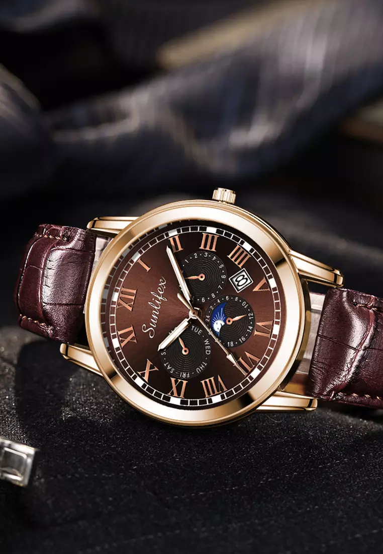 Jam Tangan Pria 7003 Kalender Kuarsa Santai Bisnis Tali Kulit Jam Tangan Cowok brown