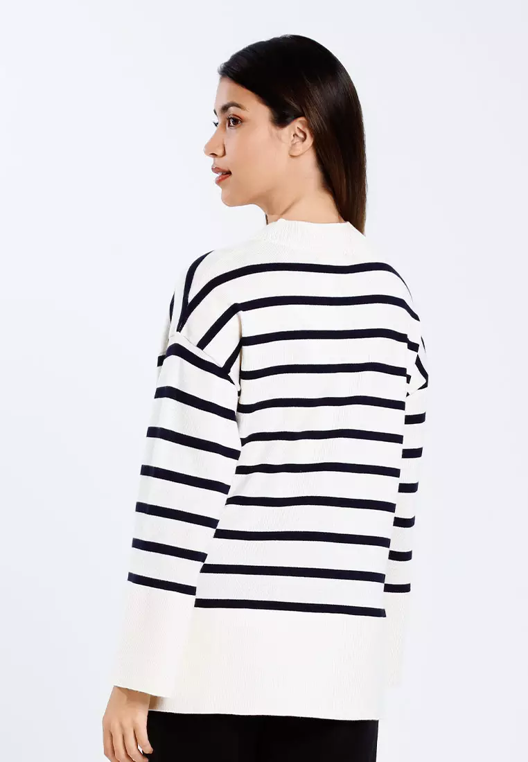 Forest Ladies Striped Knit Top Women Long Sleeve Knitted Sweater | Baju Perempuan Lengan Panjang - 822446-15Beige