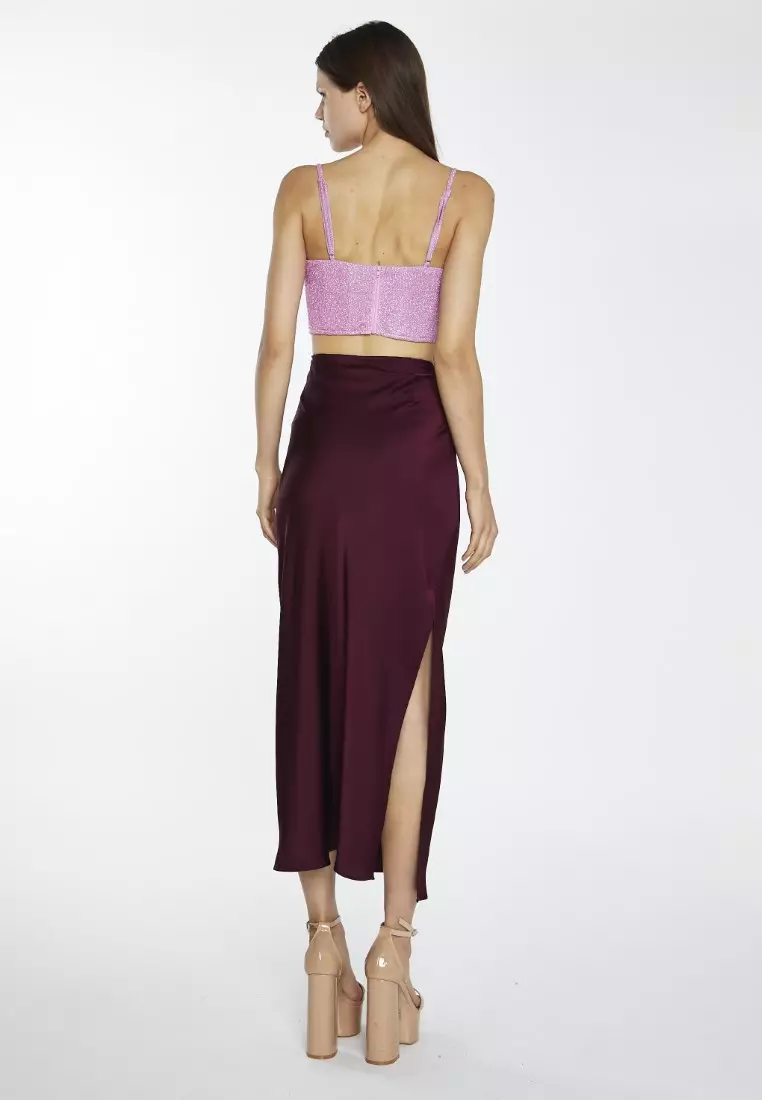Deep Burgundy Satin Side Split Maxi Skirt