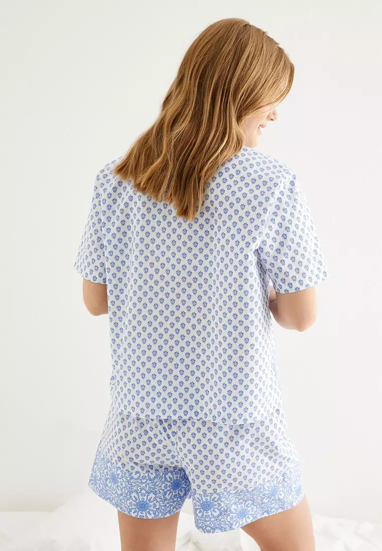 Pajama Top Short Sleeve Shirt Button Collar Cotton