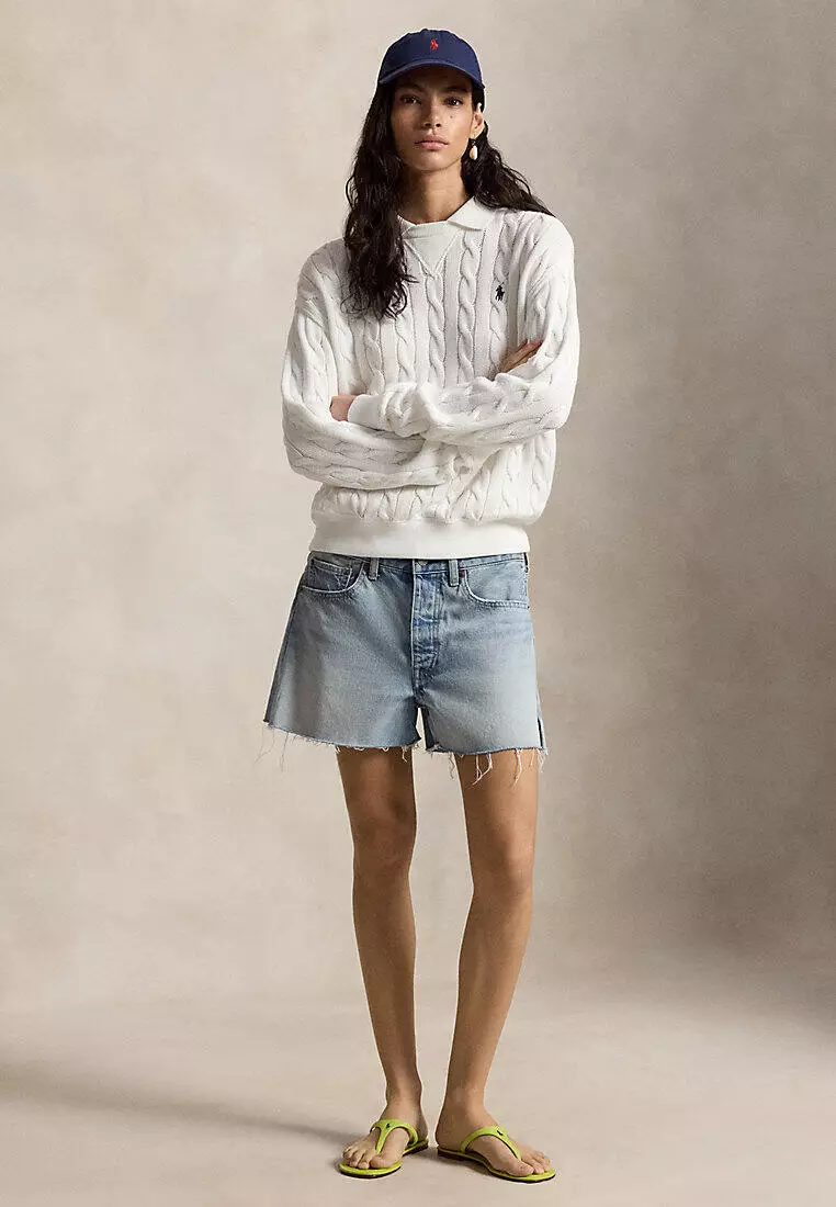 Polo Ralph Lauren Women Cable-Knit Cotton Polo-Collar Sweater