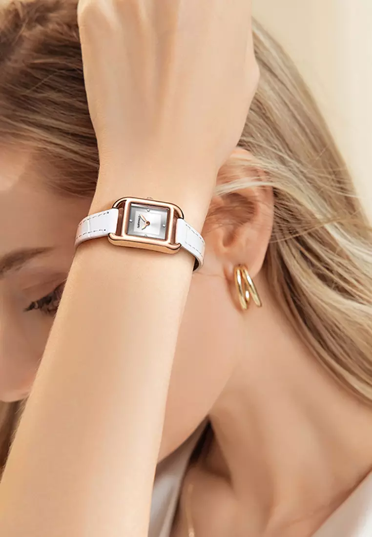 Ladies IP Rose Gold Color Stainless Steel Quartz Watch, 22mm, White Leather Strap