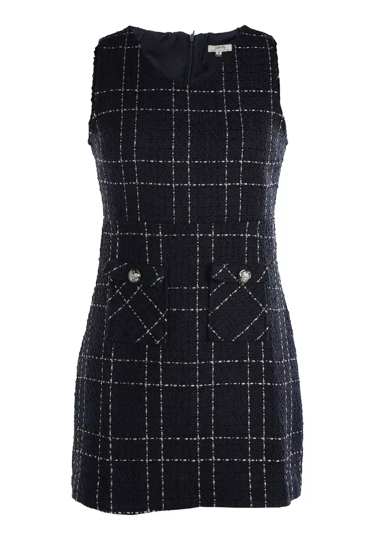 海軍藍無袖梭織有蓋口袋迷你連身裙