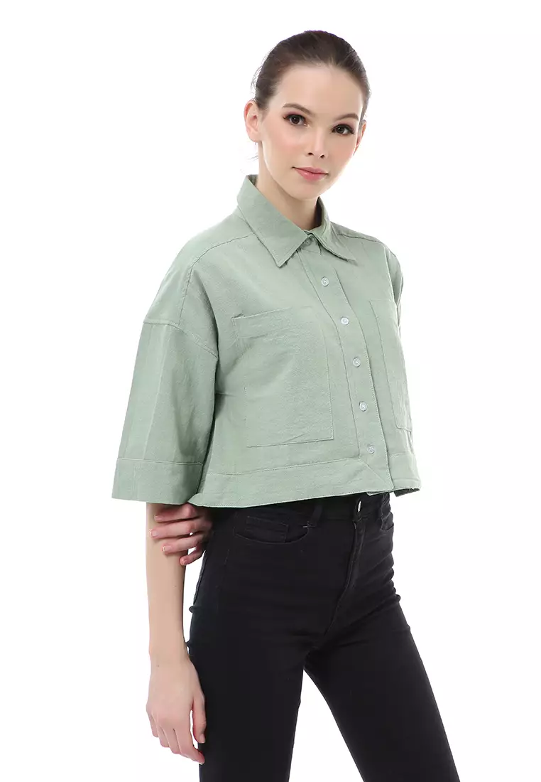 Brielle Atasan Wanita Kemeja Crop Oversize Shirt Lengan Panjang Material Linen ORIGINAL - Green