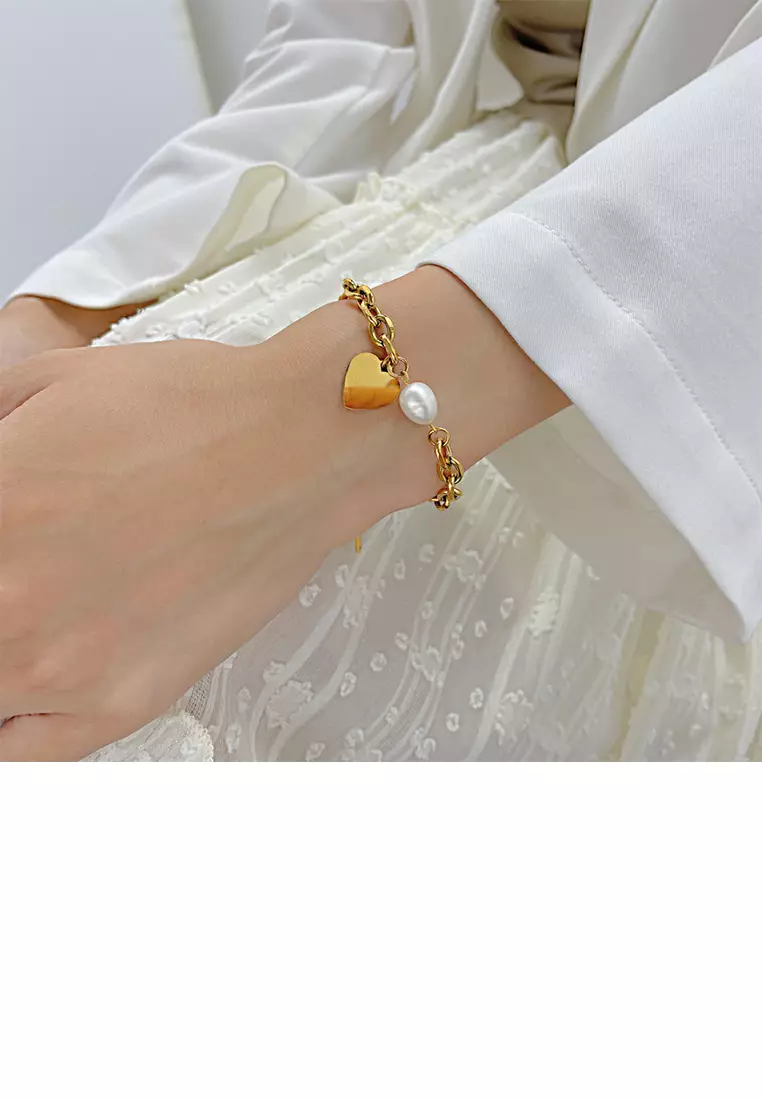 Simple and Fashion Plated Gold 316L Stainless Steel Heart-shaped Bracelet with Imitation Pearls