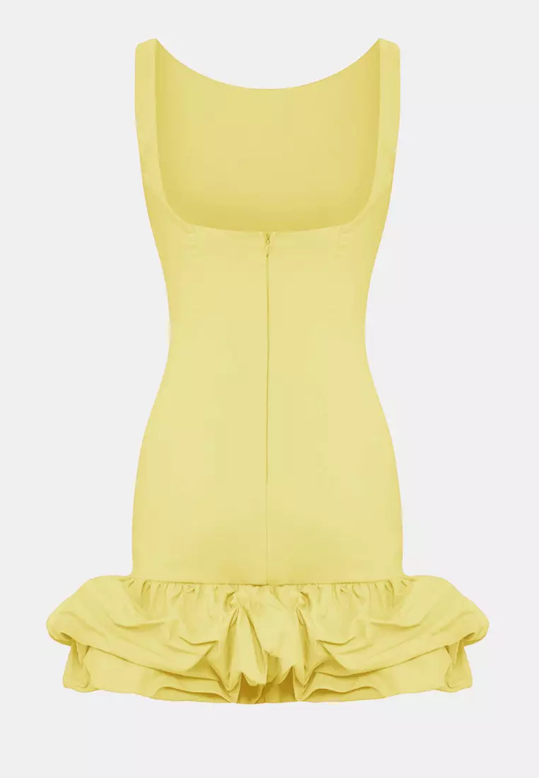 Light Yellow Balloon Skirt Detailed Inside Shorts Lined Short Dress