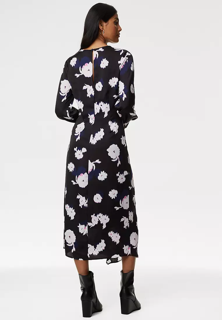 Satin Floral Round Neck Midi A-Line Dress