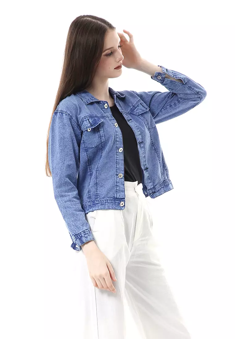 Bilah Jacket Jeans Biondy Atasan Wanita Crop All Size Premium Quality - Snow Blue