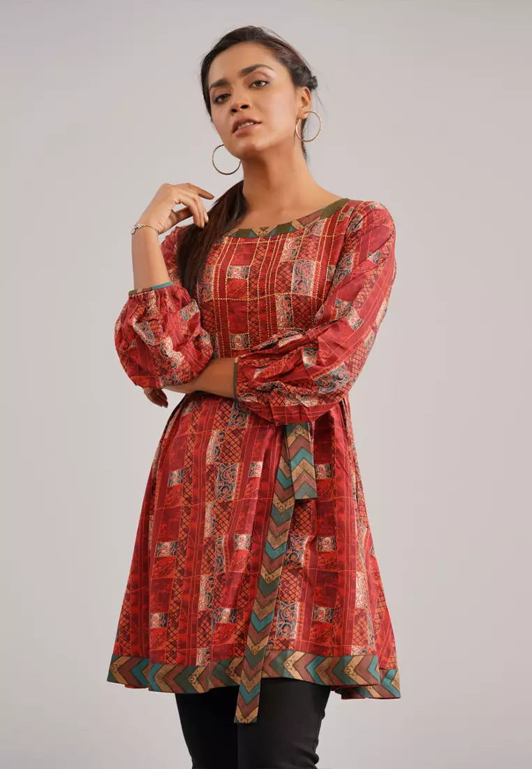 Le Reve 红色粘胶高圆领束带束腰外衣