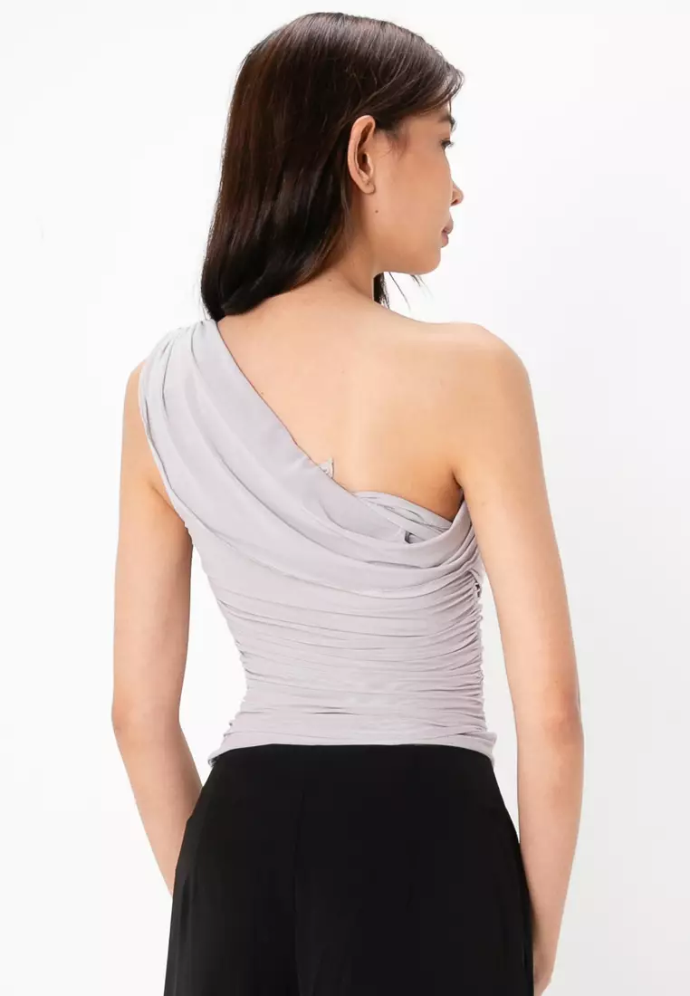 Asymmetric Neckline Shoulder Tie Top