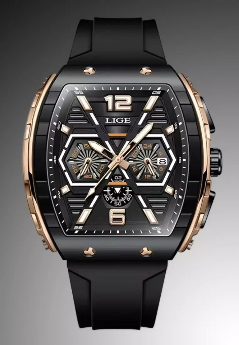 Unisex Tonneau Shaped IP Rose Gold Quartz Watch, Rubber Strap