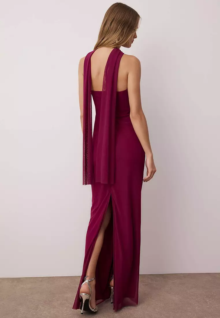 Plum Shawl Detail Tulle Knitted Maxi Evening Dress