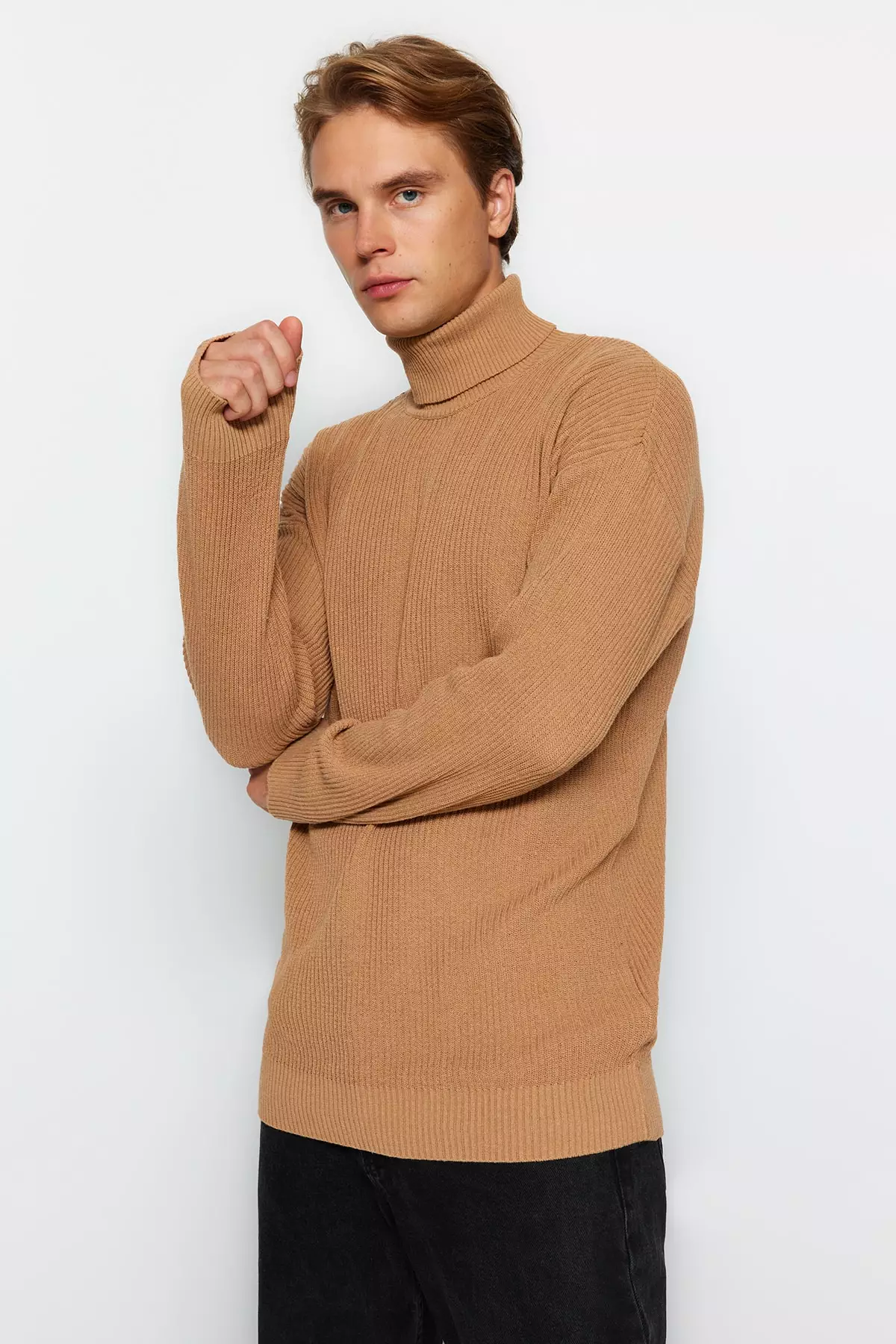 Camel Men Oversize Wide Fit Turtleneck Basic Sweater