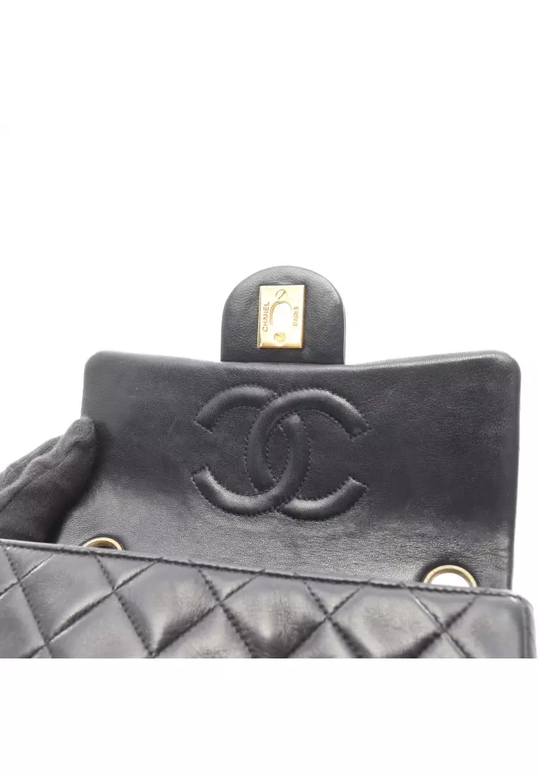 Pre-Loved Chanel mini matelasse chain shoulder bag lambskin black gold hardware