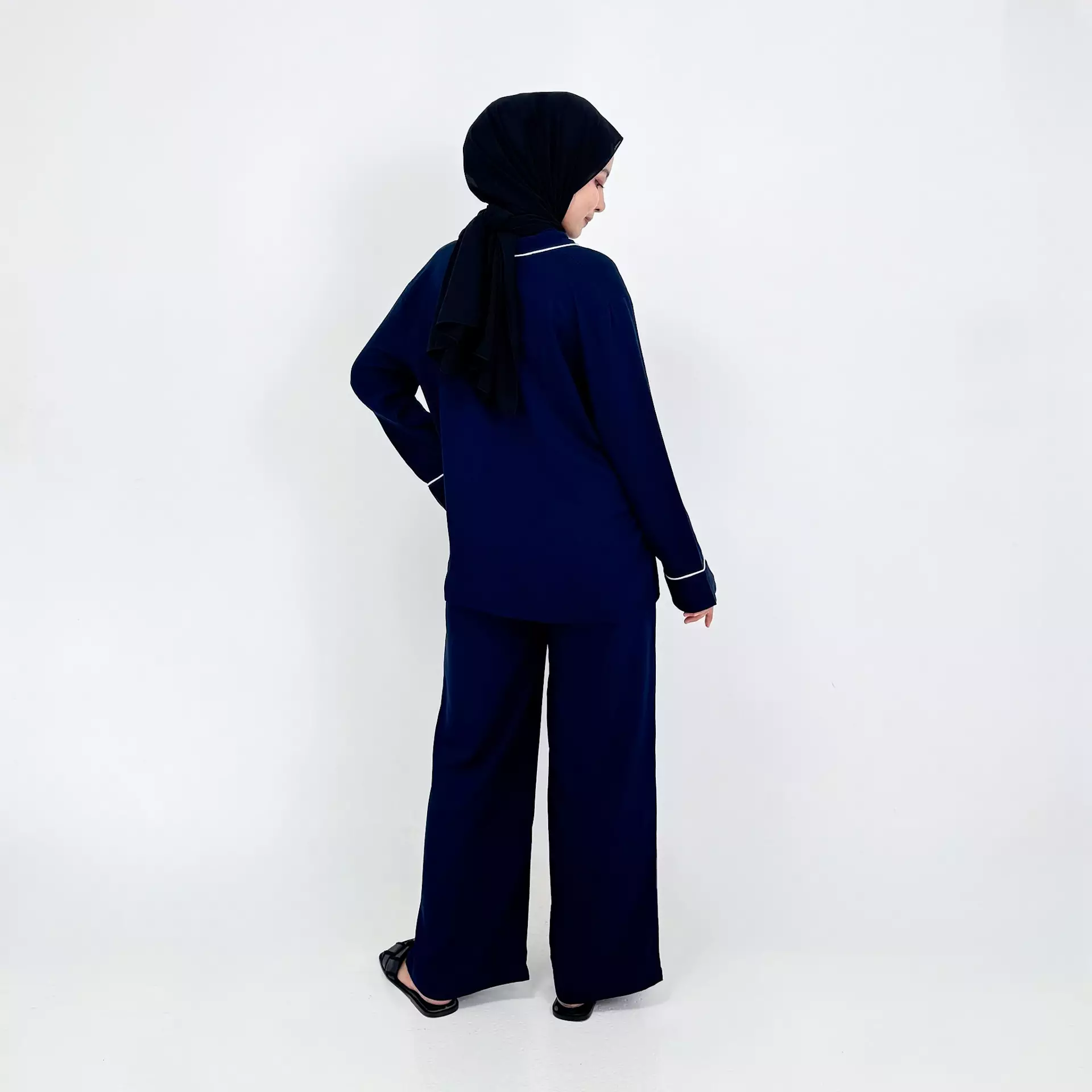 Pyjama Cotton Basic [NAVY] SIZE M-XXL Baju Tidur Long Sleeve Long Pants Sleepwear
