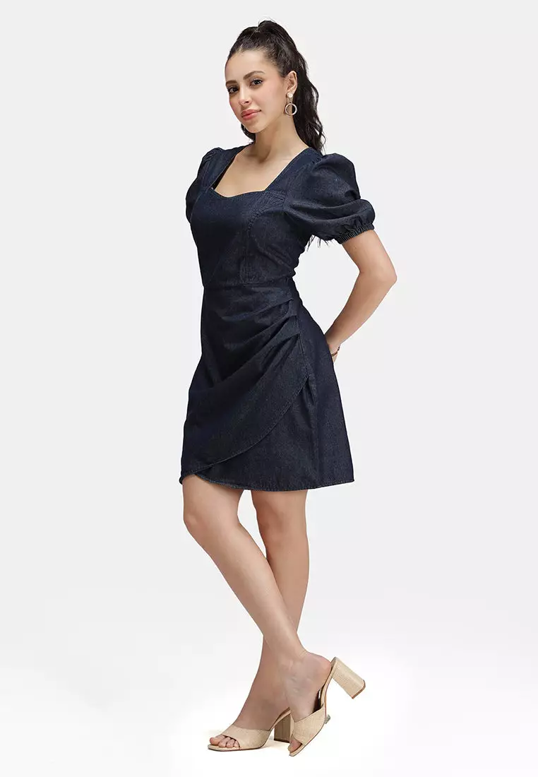 VIRGIO 100% Cotton Denim Pleated Mini Dress