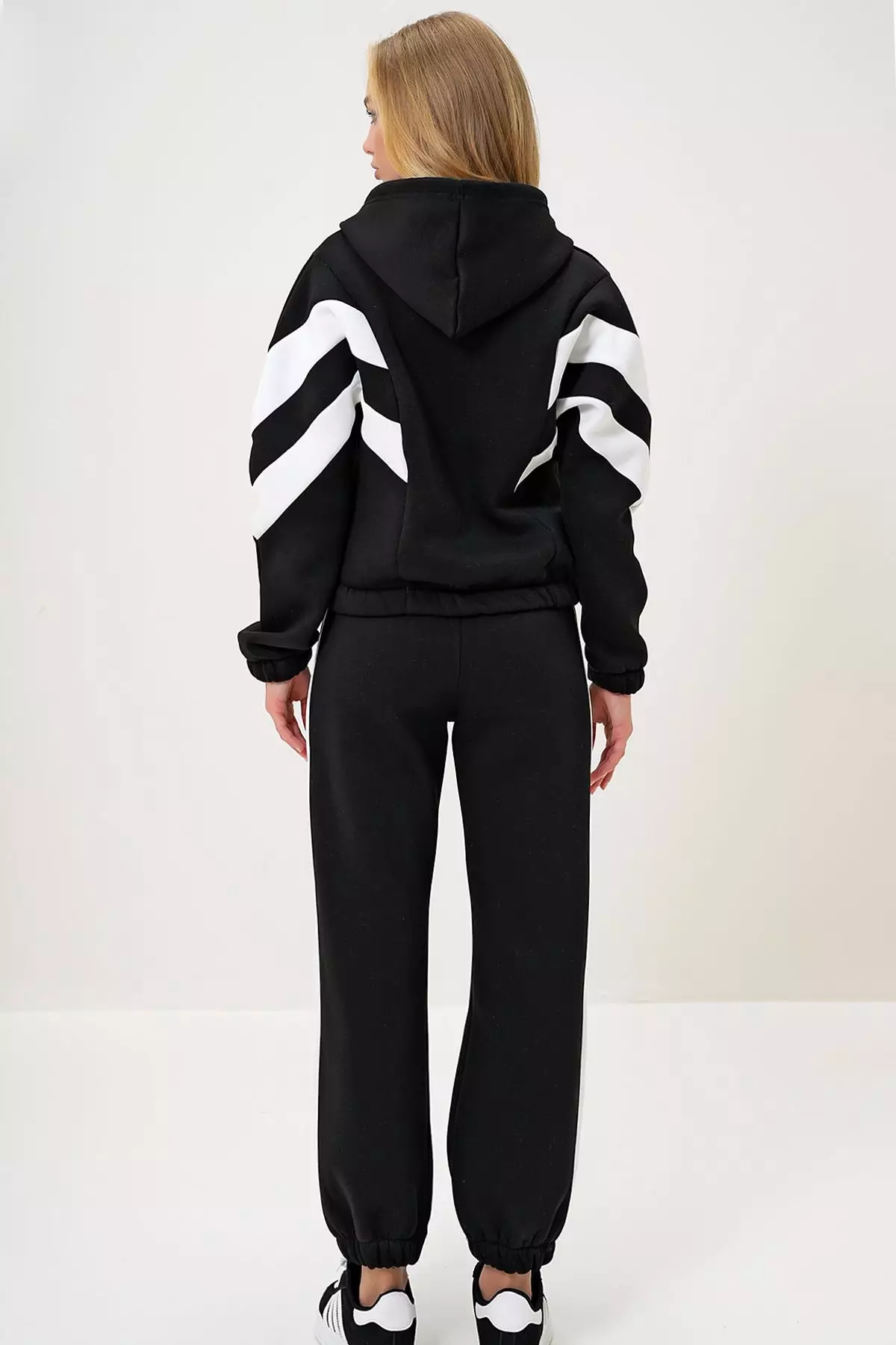 Women's Black Hooded Half Zippered Sweatshirt and Elastic Leg Tracksuit Set