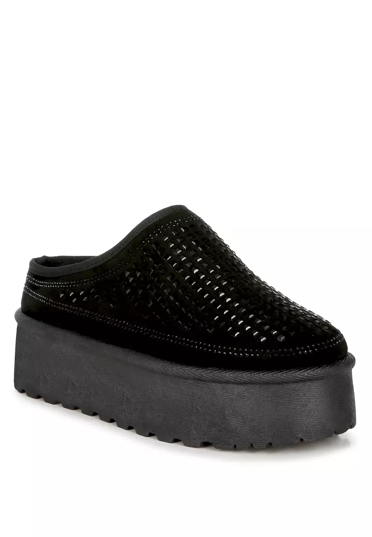 Black Rhinestones Embellished Platform Classic Slip-On