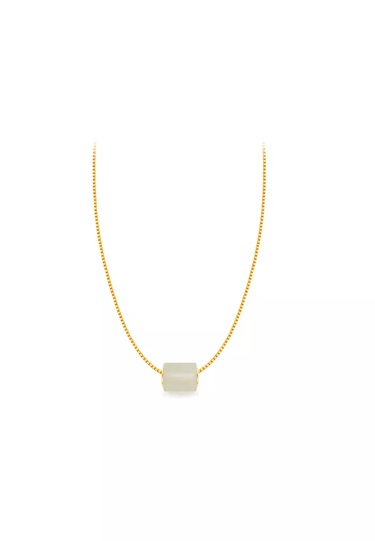 999.9/24K Gold Foil Inlaid White Jade with 375/9K Gold Box Chain Necklace Set J2