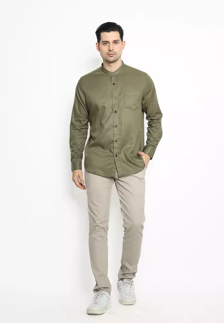 MAGINOT Kemeja Pria KOKO Basic Polos Lengan Panjang DARK OLIVE