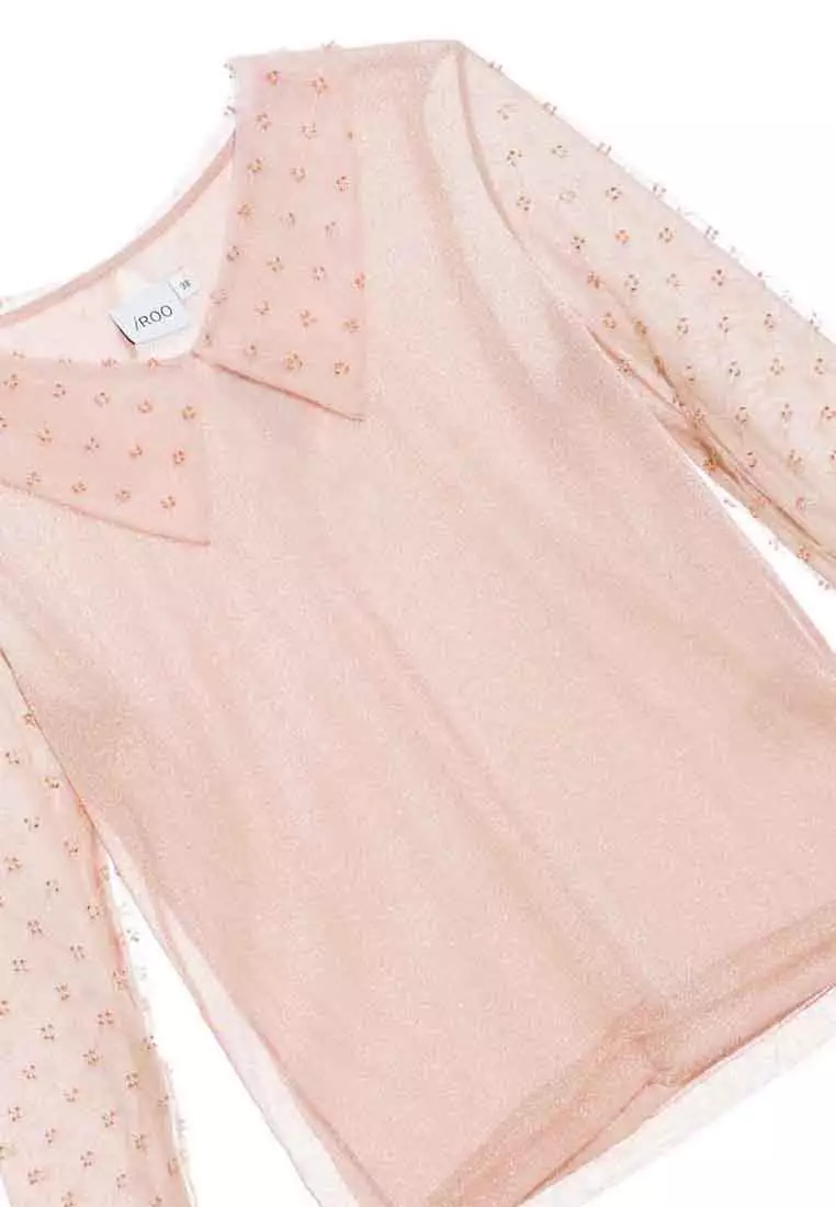 Metallic Nylon Pink Top With Mesh Sleeves