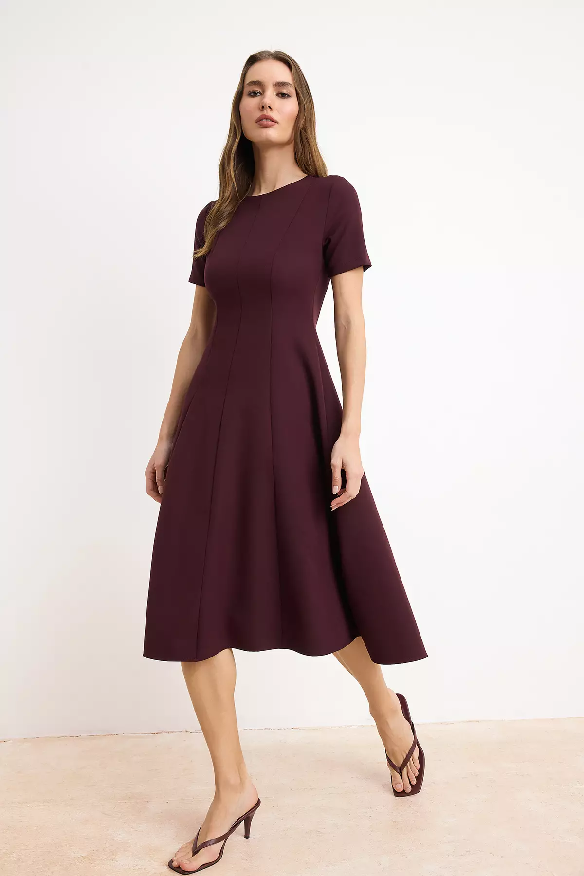 Dark Burgundy Straight Skirt Waist Opening Midi Woven Dress Twoss25El79