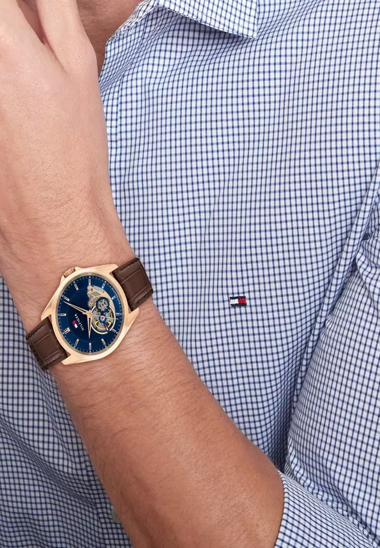 Men's Automatic Brown Leather Blue Dial Watch - TH1710715