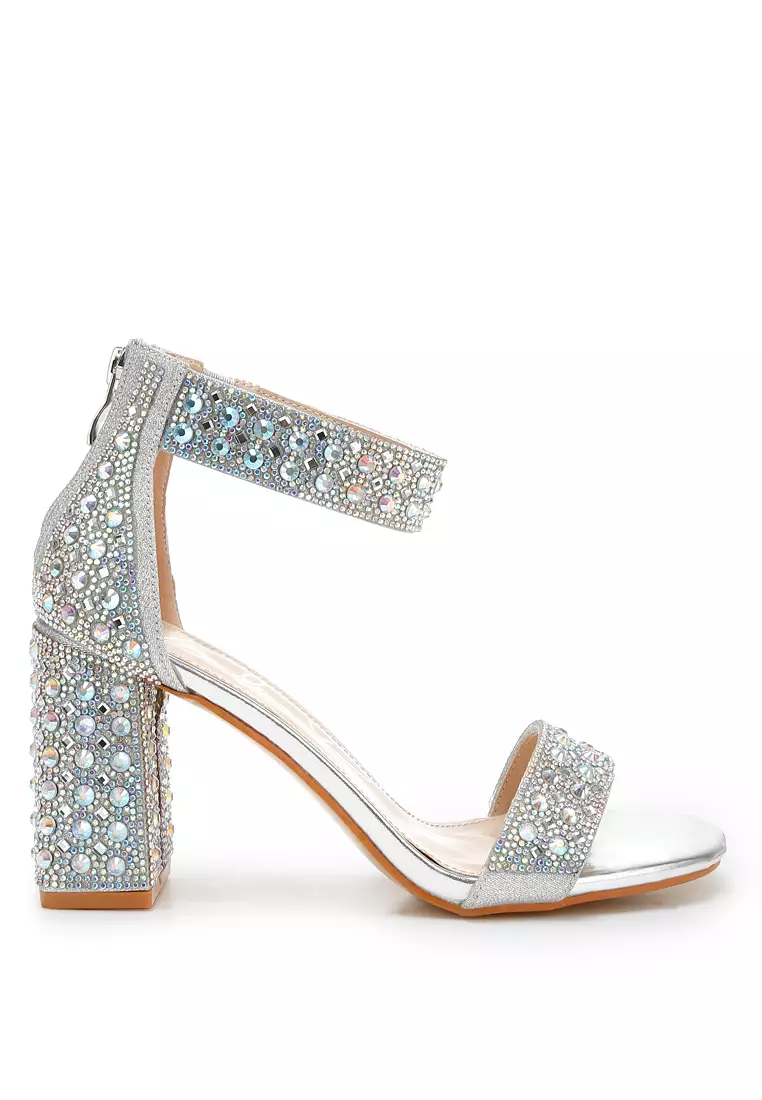 Rhinestones And Sequins Block Sandals in Silver