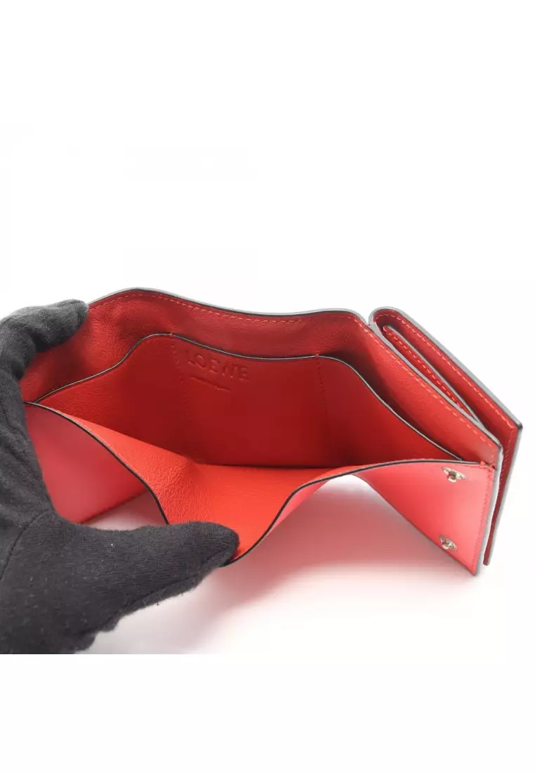 Pre-Loved LOEWE Trifold wallet trifold long wallet leather Red pink bicolor