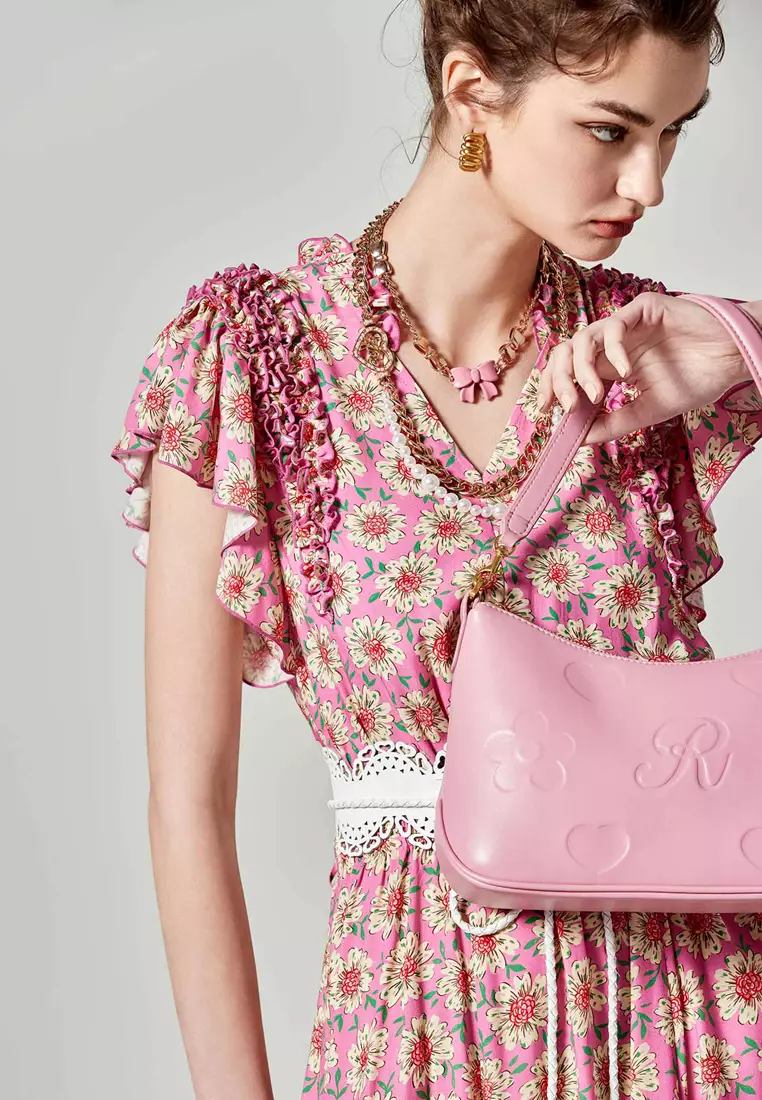 Floral Print With Flutter Sleeve Maxi Dress