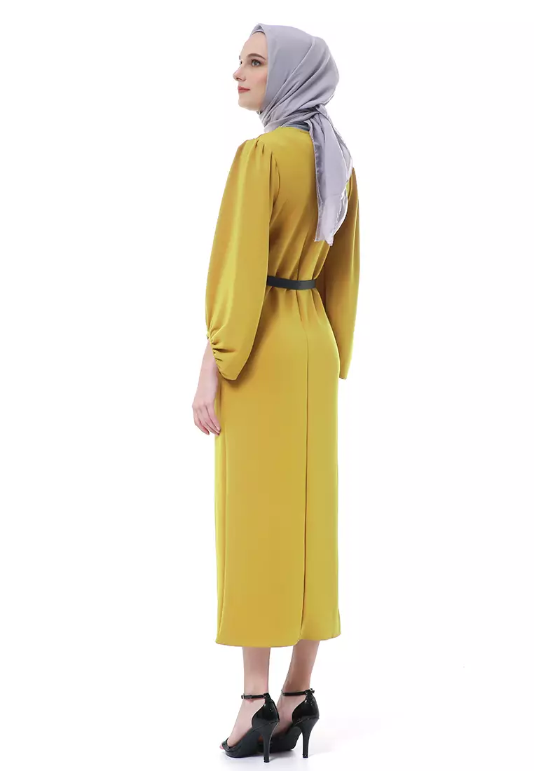 Shima Dress Fashion Muslimah Wanita Long Sleeve Free Belt Premium High Quality - Kuning