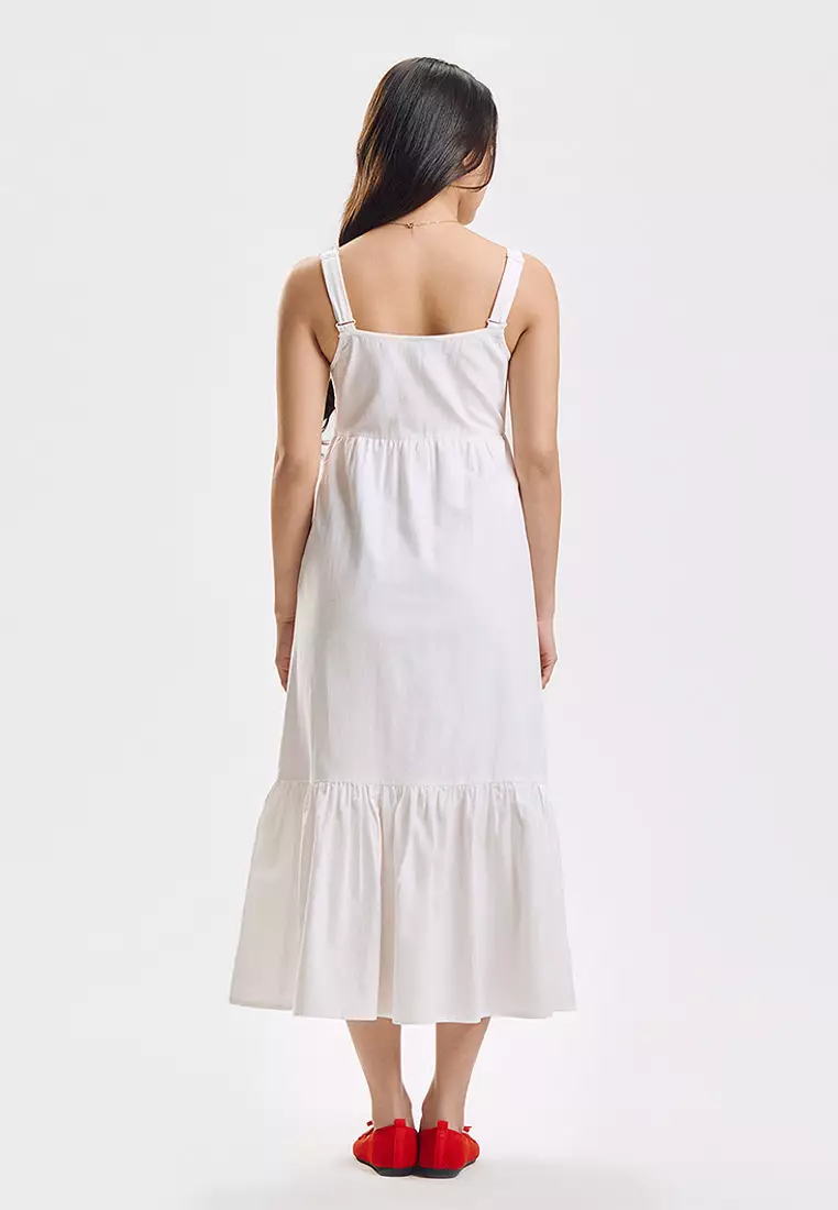 Sleeveless Linen Tiered Maxi Dress with Pleat Details