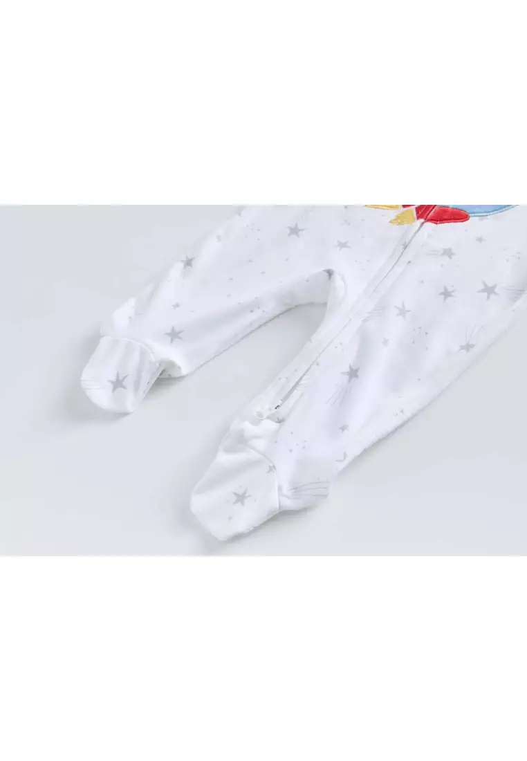 嬰兒男孩棉質連體睡衣 白色星星挖掘機 雙向拉鏈 連體衣