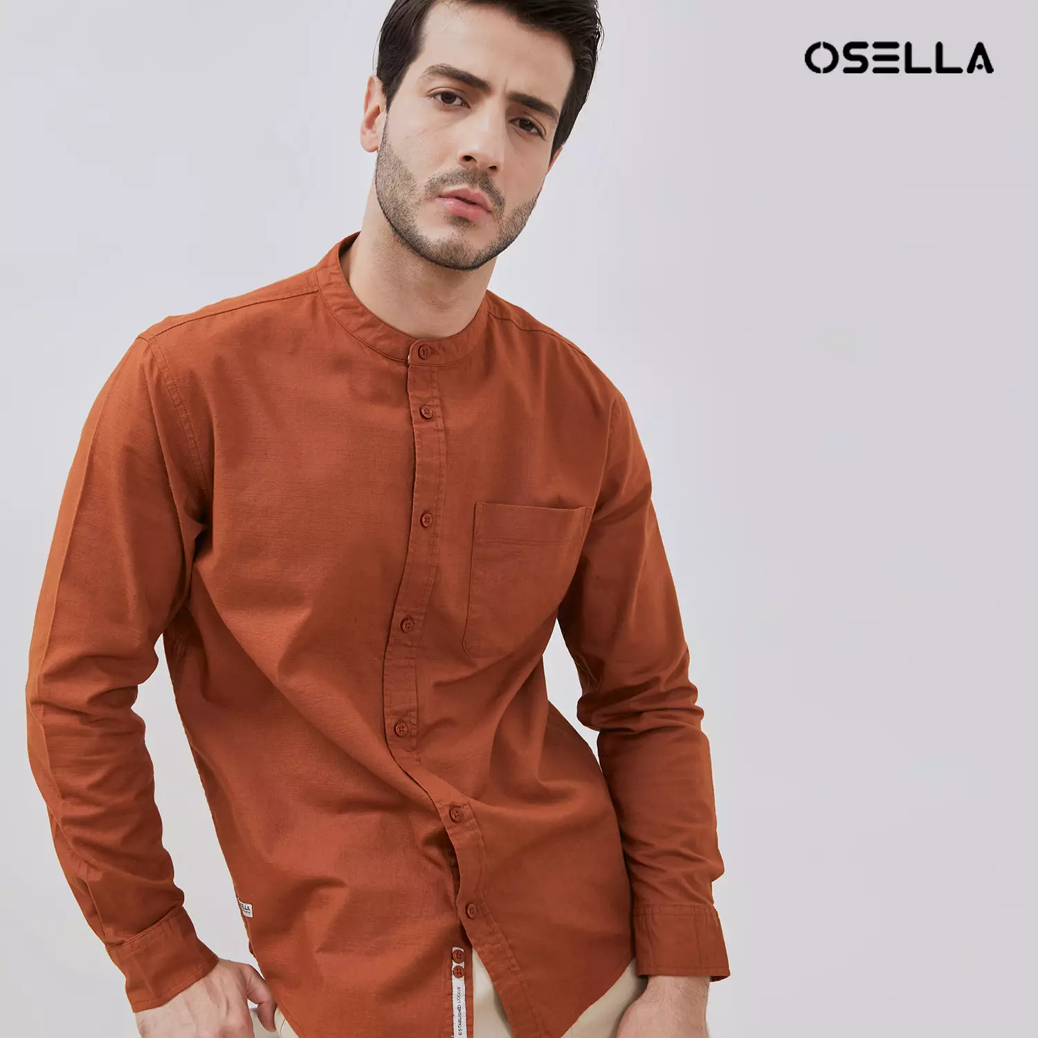 [NEW] Osella Solid Cotton Slub Shanghai Collared Long Sleeve Shirt 2037520312 | Kemeja Pria Lengan Panjang