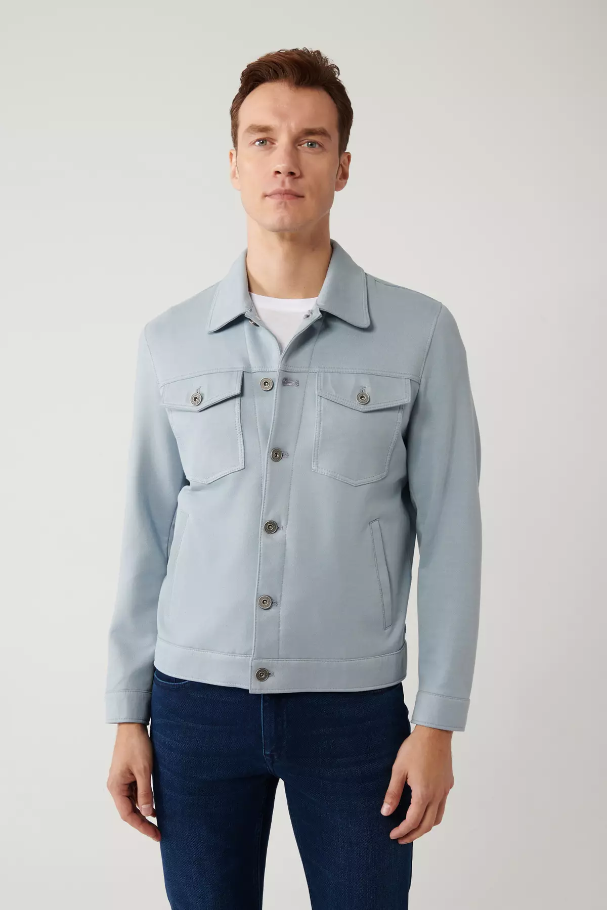 Men'S Blue Classic Collar Suede Look Pocket Jacket A41Y6011