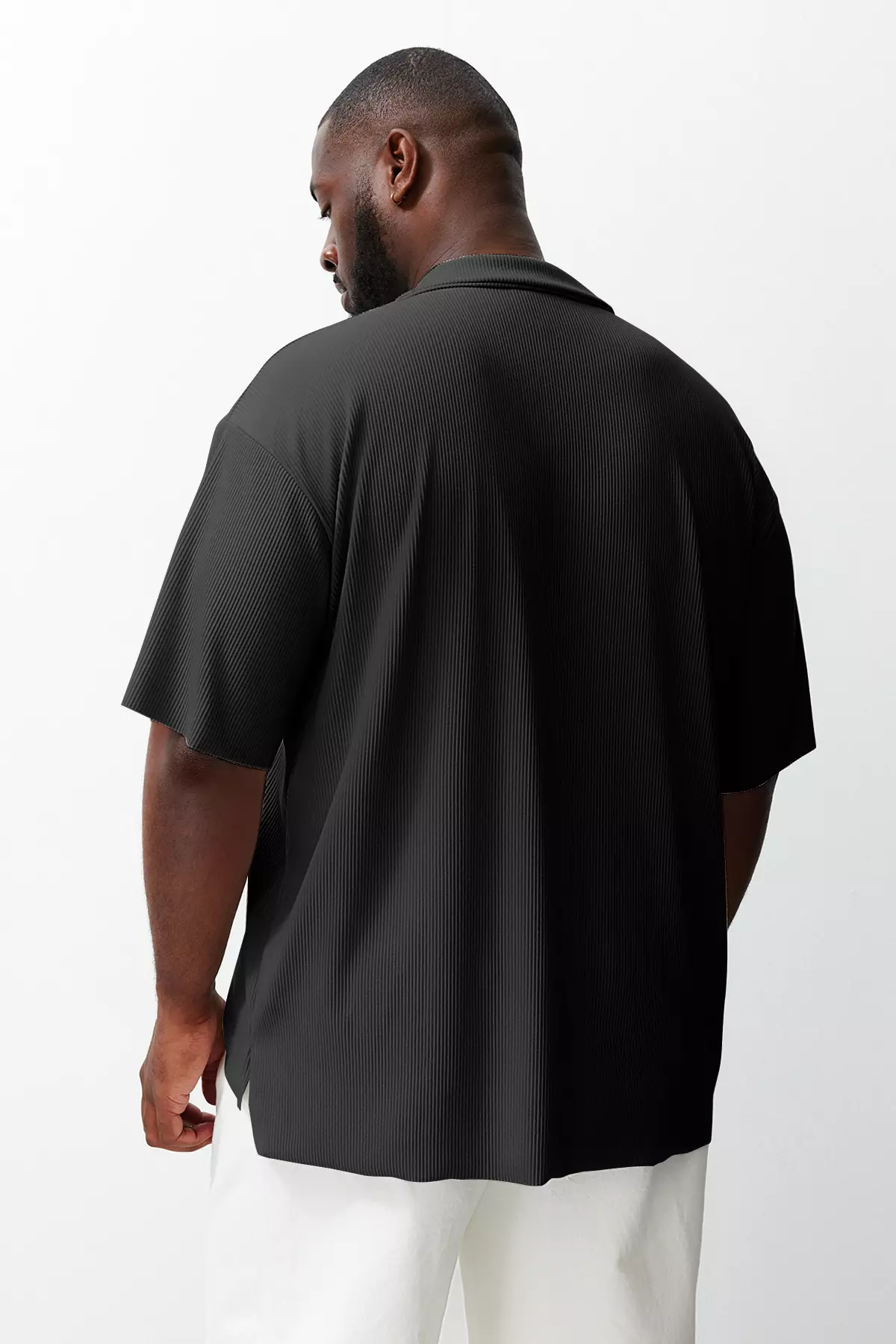 Big Size Black Oversized Textured Ottoman Polo Collar T-Shirt Tmnss24Bf00047