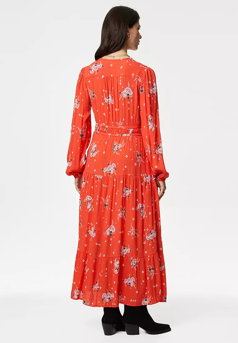 Floral V-Neck Tie Waist Midaxi Waisted Dress