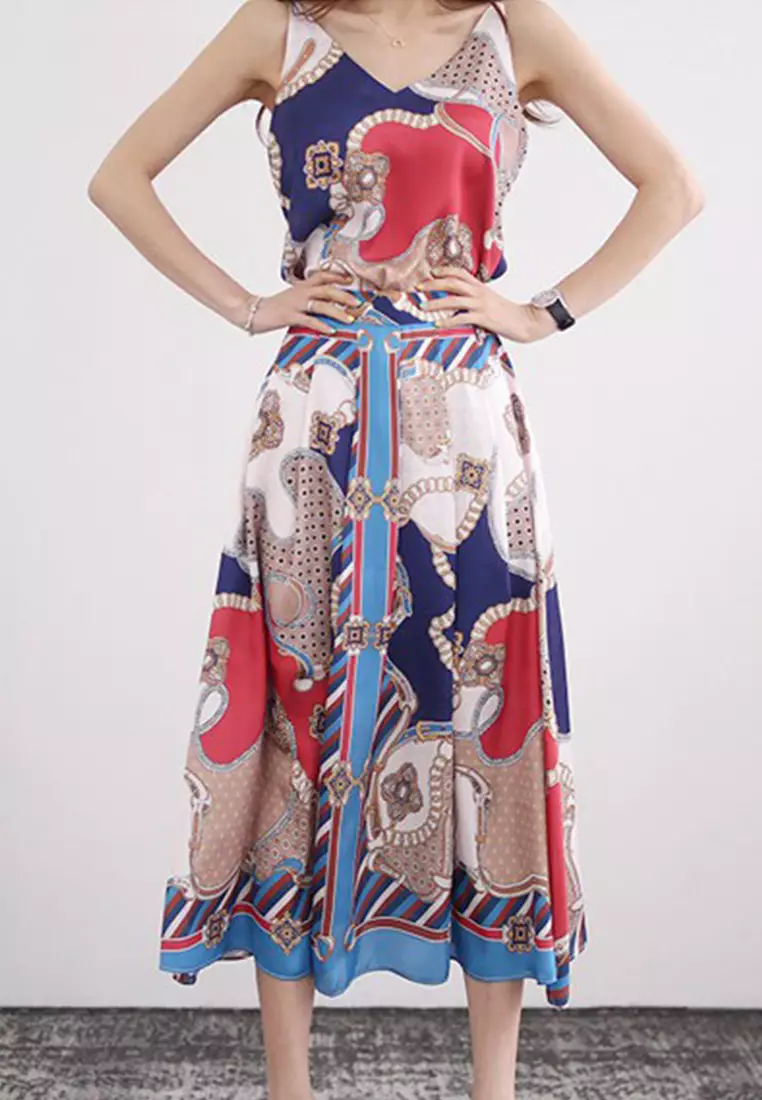 2024 S/S Korean new style sleeveless V-neck strap top fashion print pleated skirt suit CA23050408