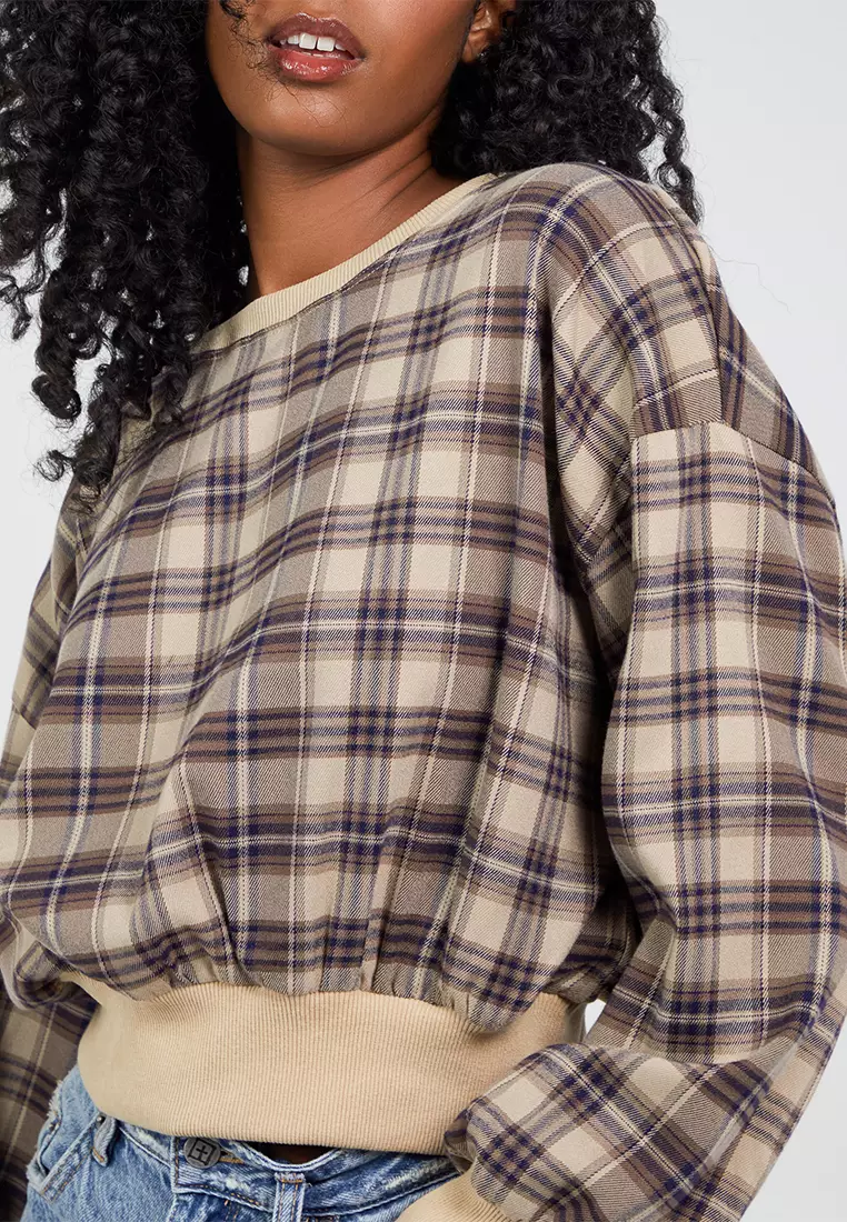 Pink Vanilla Brown Oversized Cropped Check Sweatshirt