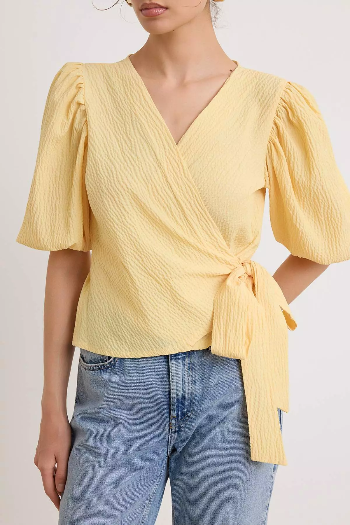 Yellow Wrap-Around Blouse with Tie Detail and Wavy Fabric Woven Design