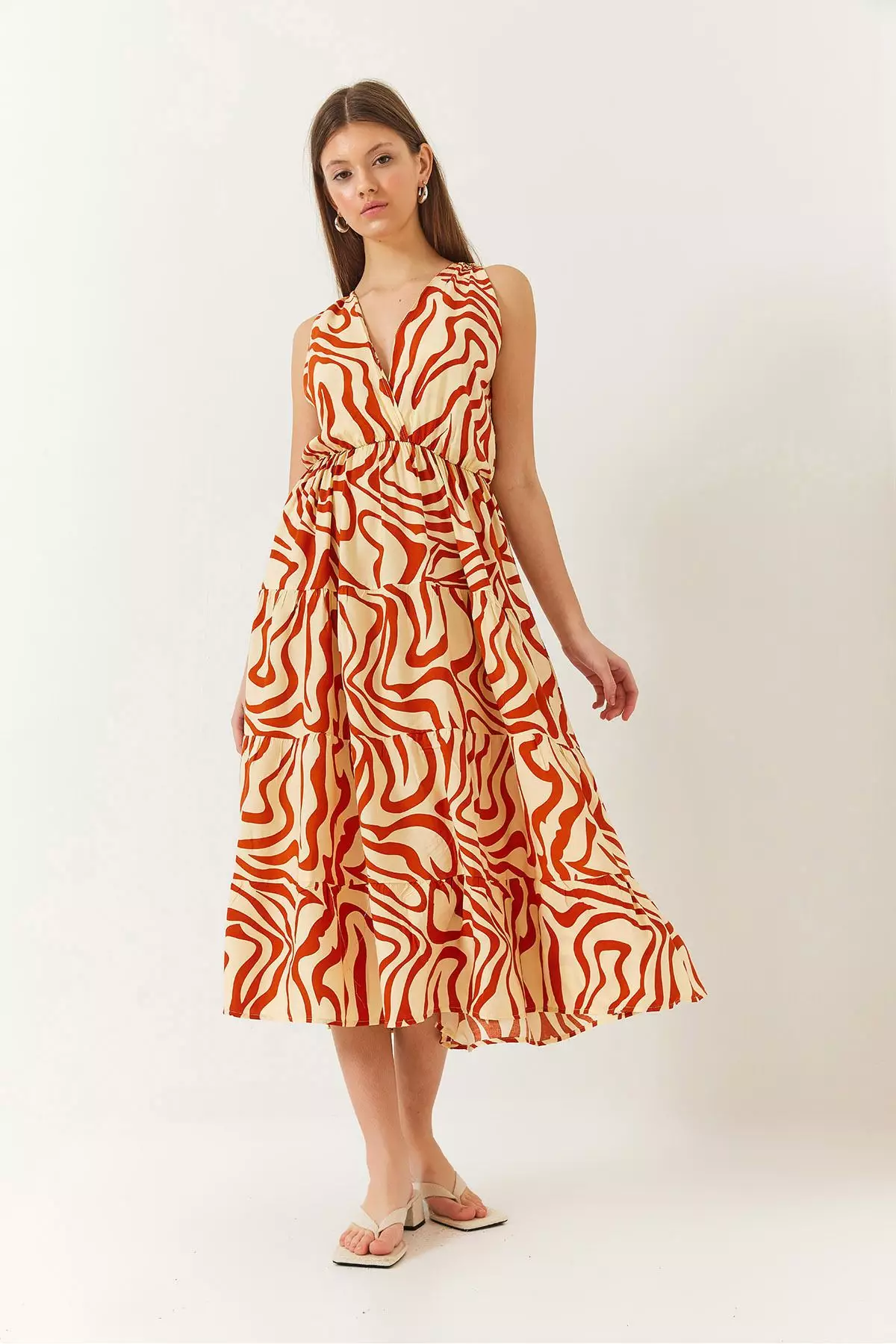 Women's Double Breasted Neckline Elastic Waist Back Rope Tie Print Dress 60261428