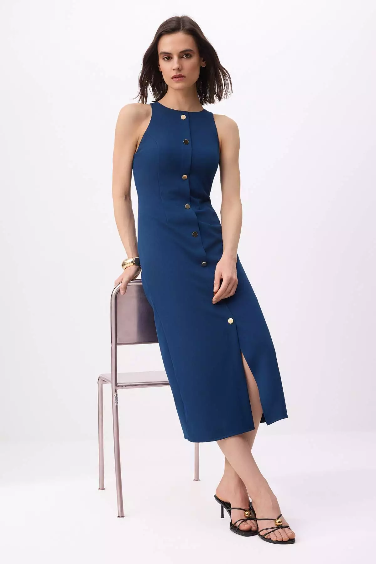 Petrol Button Detailed Midi Woven Dress Twoss26El83