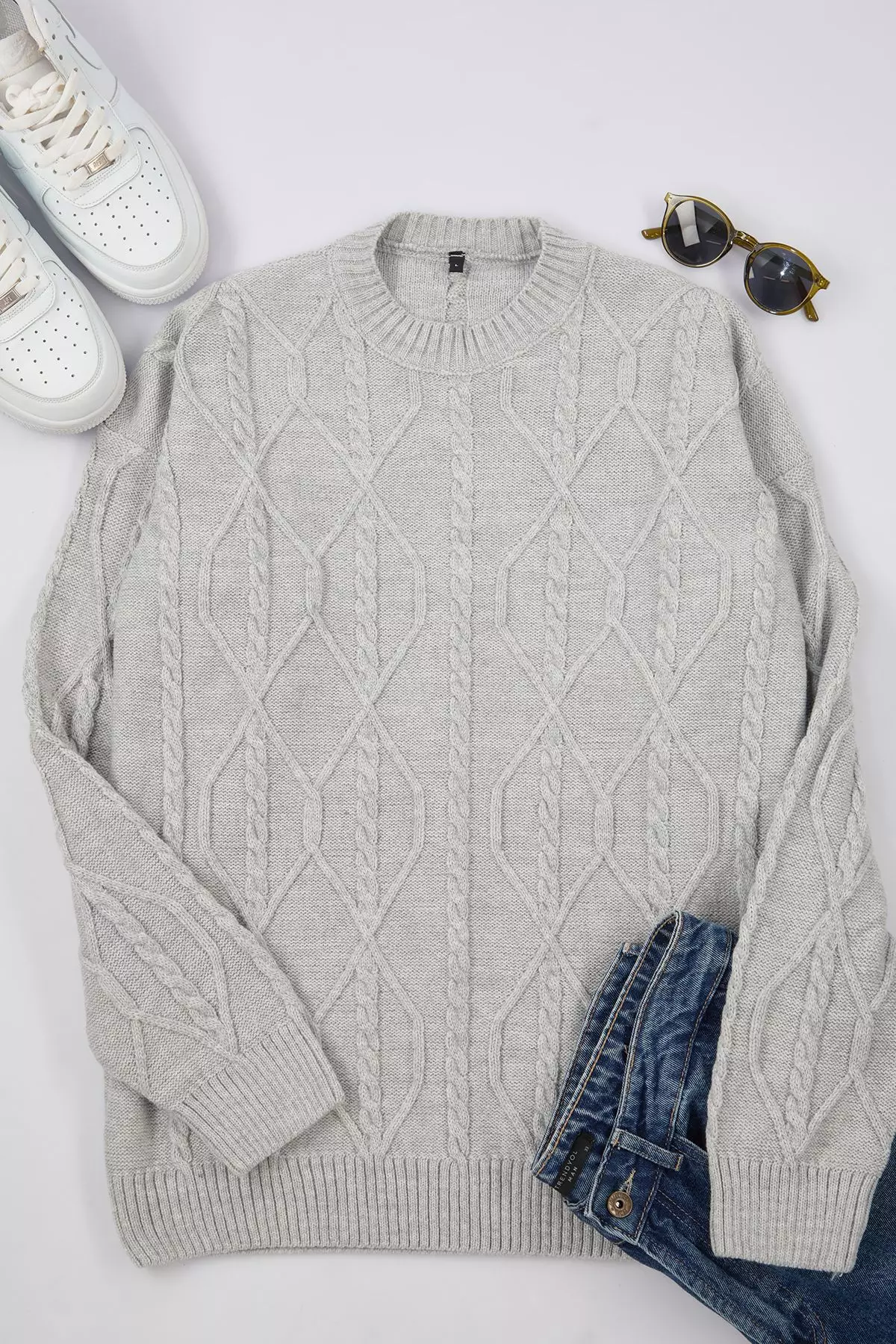 Gray Oversize Crew Neck Hair Knitted Knitwear Sweater TMNAW24KZ00003