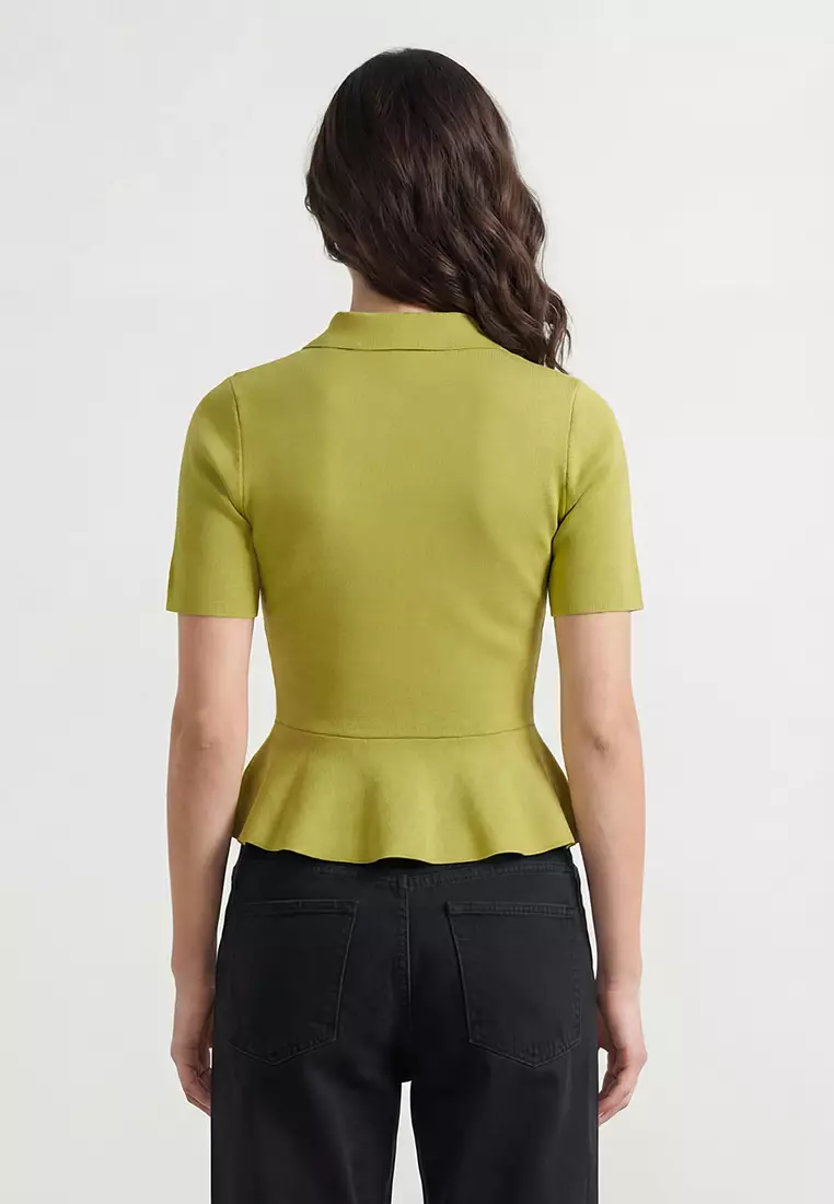 Oil Green Peplum/Waist Fitted Button Detailed Knitwear Blouse Twoss26Bz158