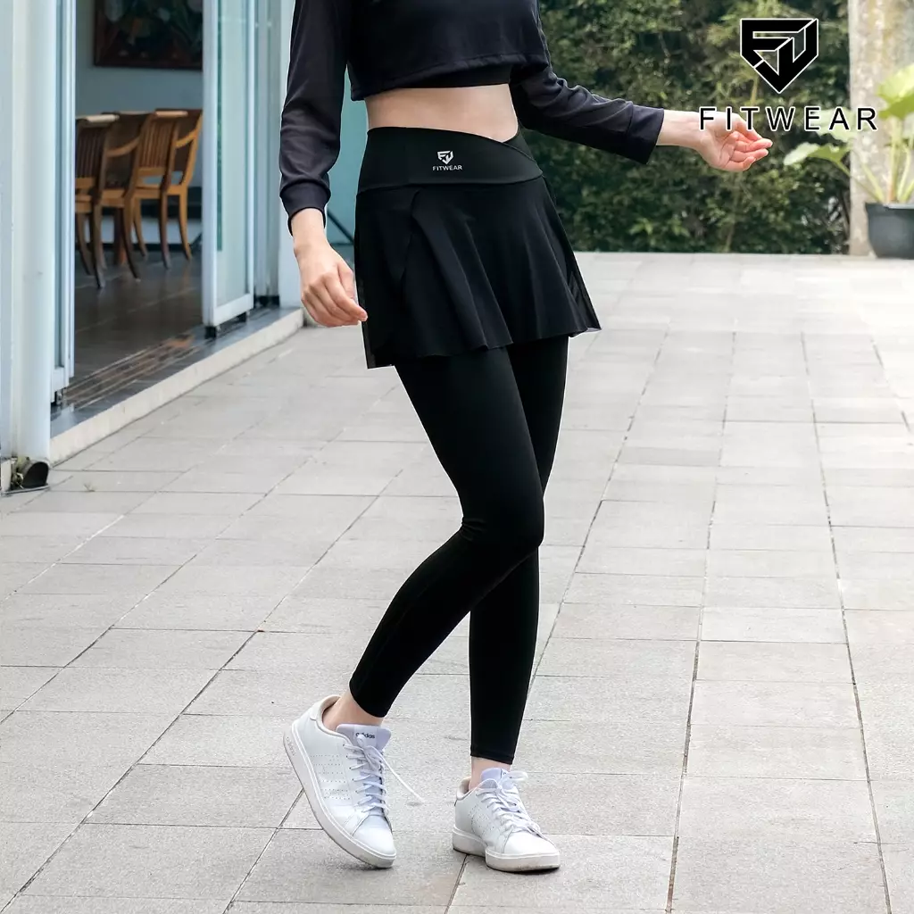 Fitwear Rok + Legging Olahraga Padel Wanita GRACE COMPRESSION MESH - BLACK V-WAIST